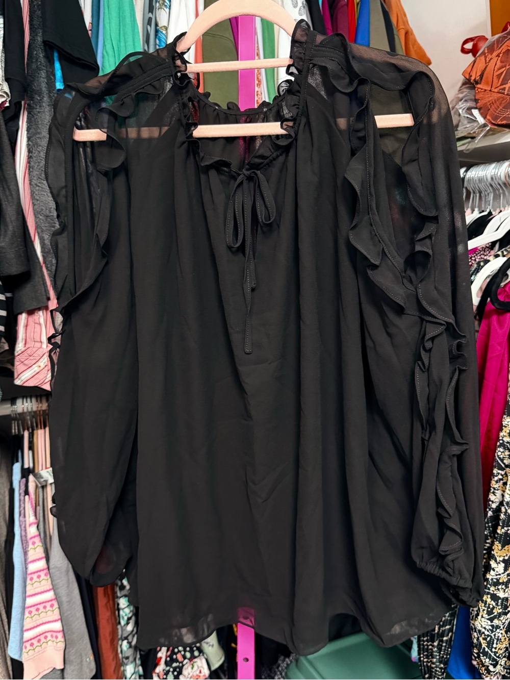 Philosophy Women’s Plus Size 1X Blouse Solid Black Ruffle Peephole Sleeves $70